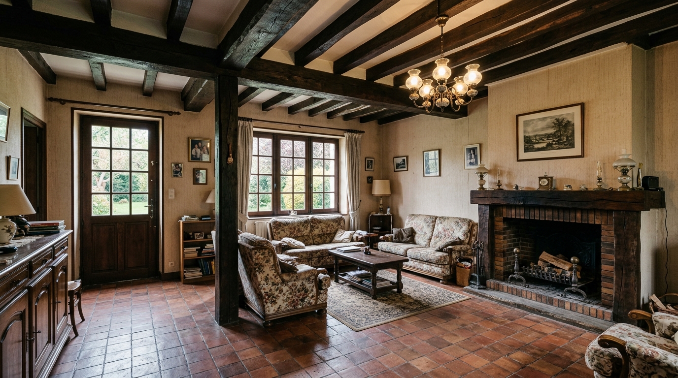 Salon traditionnel rustique avec tomettes et poutres sombres avant rénovation à Laval