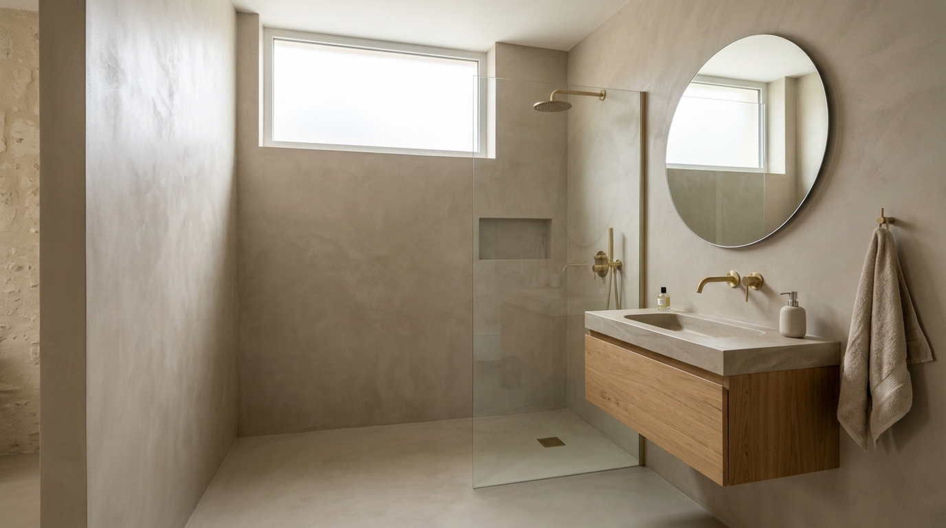 Salle de bains contemporaine en béton ciré beige grège sans joints avec douche à l'italienne vitrée et meuble vasque en chêne