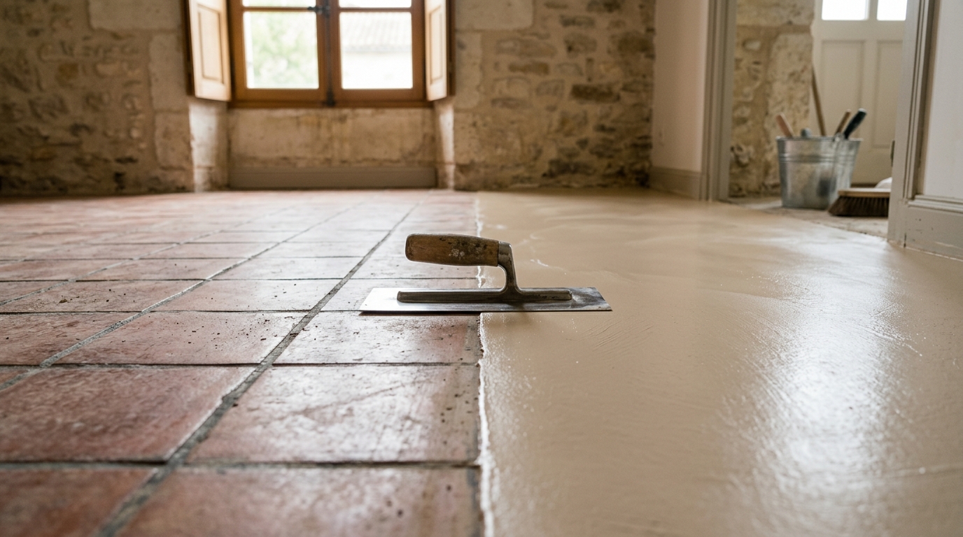 Application artisanale à la lisseuse d'un béton ciré clair recouvrant un ancien carrelage après préparation des joints