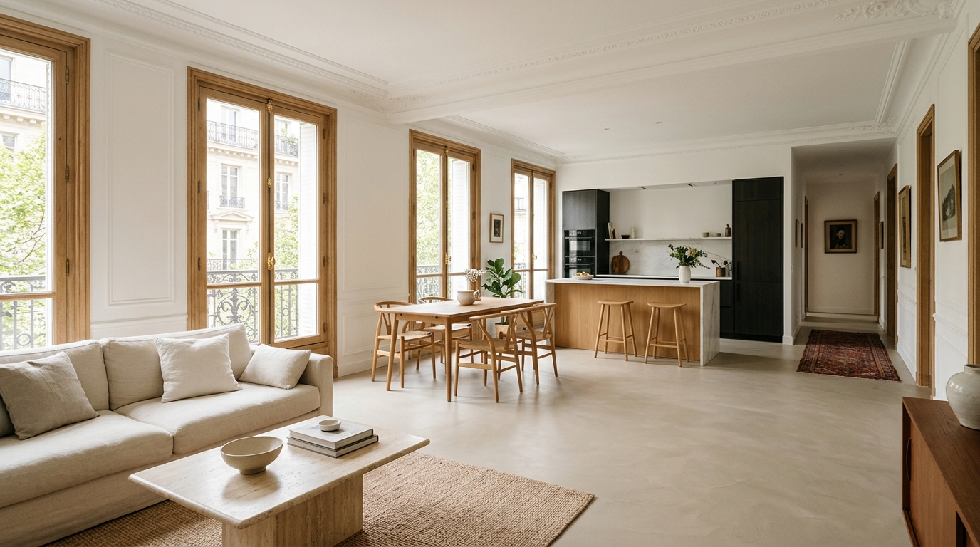 Appartement rénové lumineux avec sol continu en béton ciré clair reliant séjour, cuisine ouverte et couloir sans barre de seuil