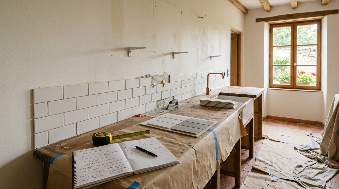Chantier de rénovation de cuisine à Laval avec pose de crédence en faïence blanche métro et préparation des murs