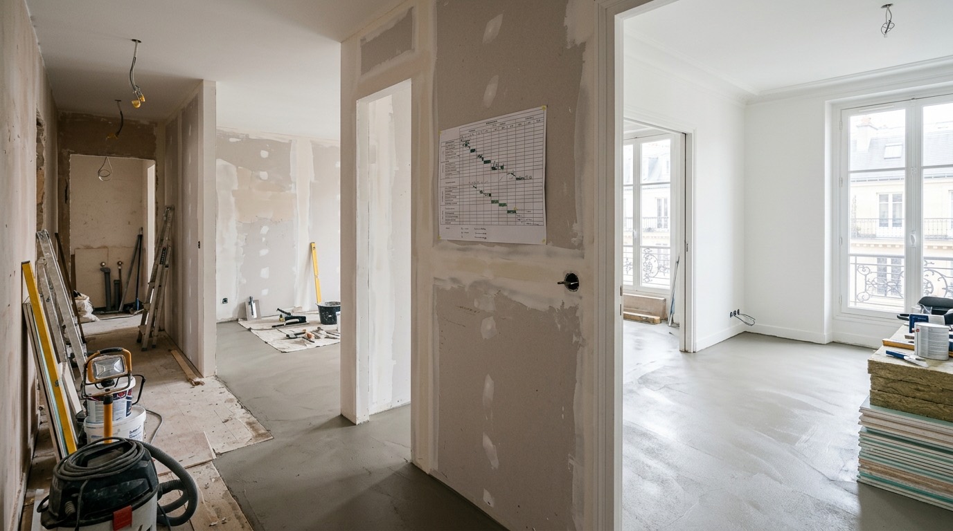 Appartement en rénovation montrant les étapes successives : cloisons placo montées, chape prête et pièce du fond déjà peinte