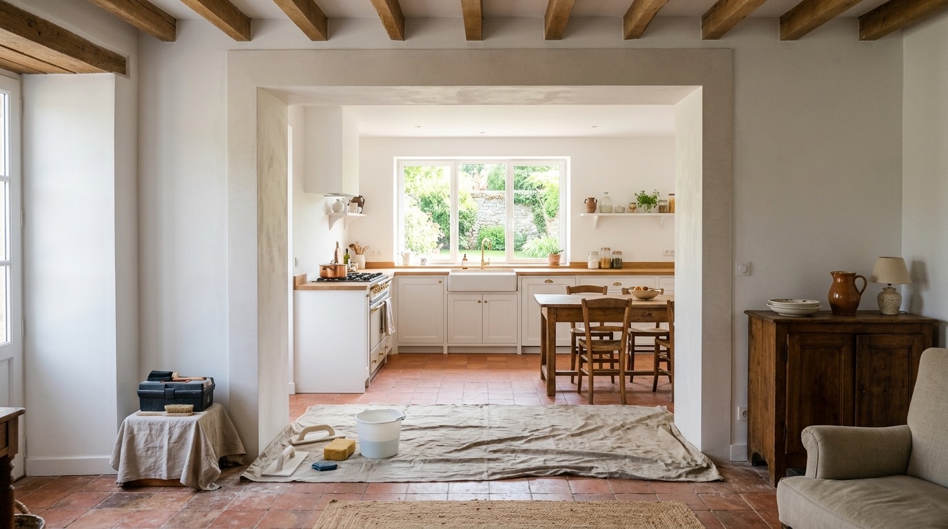 Grande ouverture créée entre une cuisine et un séjour lumineux avec linteau renforcé et finitions soignées