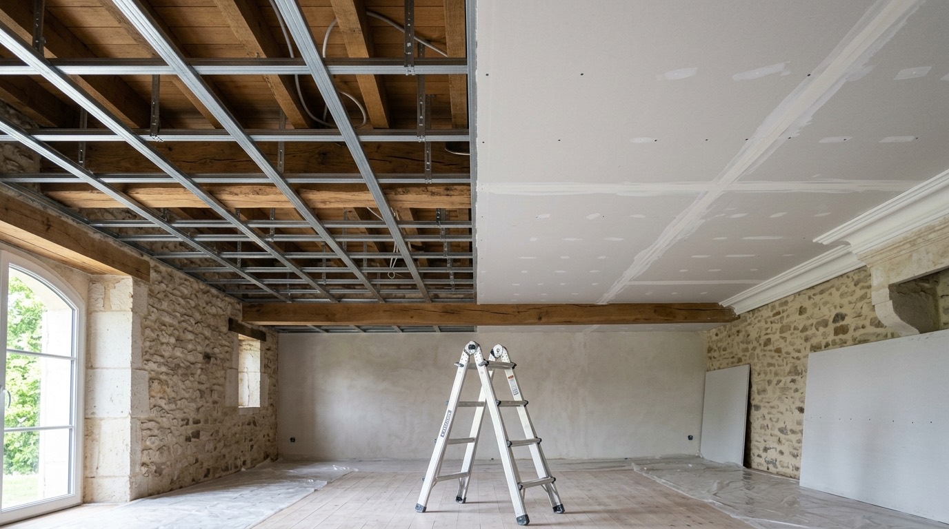 Ossature métallique avec suspentes et plaques de plâtre BA13 en cours de pose pour un faux plafond suspendu