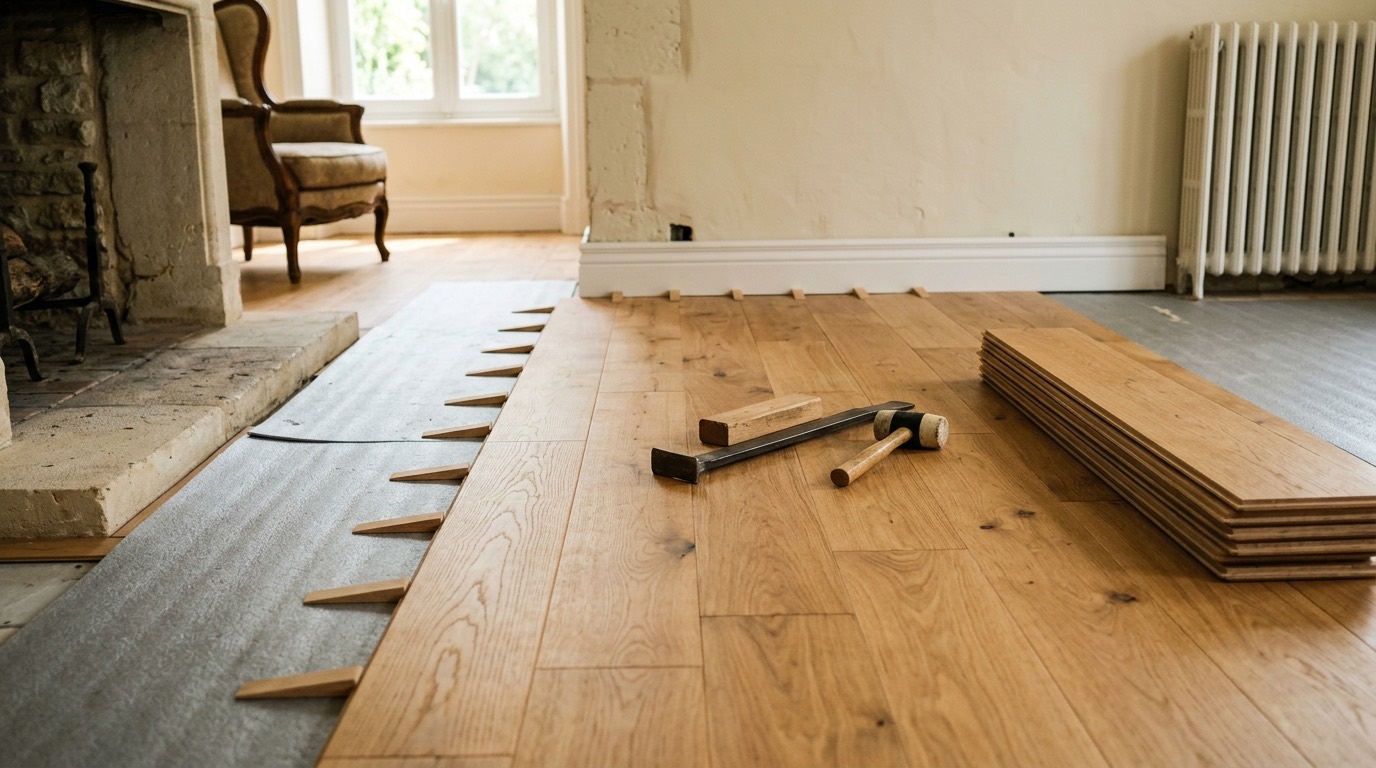 Pose de lames de parquet stratifié chêne en cours avec cales de dilatation et sous-couche acoustique à Laval