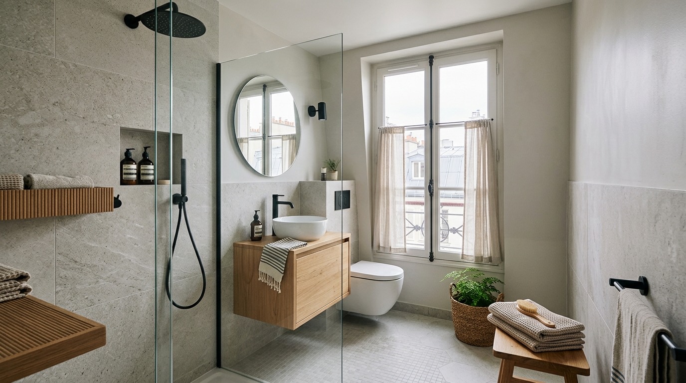 Petite salle de bains de 5 m² rénovée avec douche à l'italienne, meuble vasque suspendu et carrelage grès cérame clair