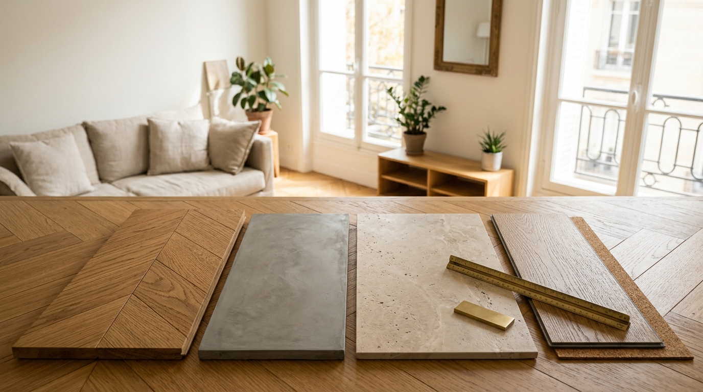 Échantillons de parquet chêne, béton ciré minéral, carrelage grès cérame et lame vinyle rigide LVT sur sous-couche liège dans un appartement lumineux