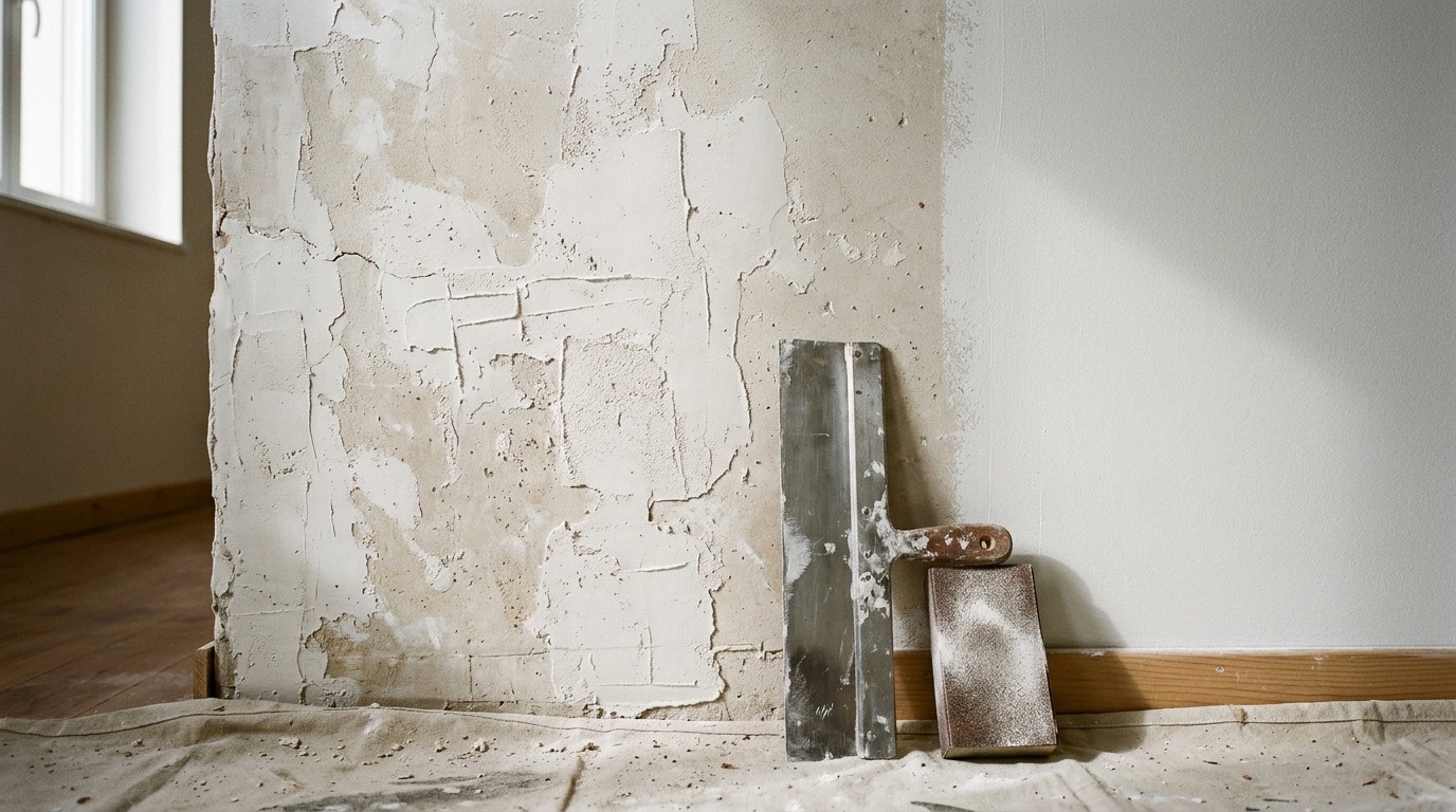 Artisan peintre appliquant un enduit de lissage sur un mur avec couteau à enduire et cale à poncer sous lumière rasante