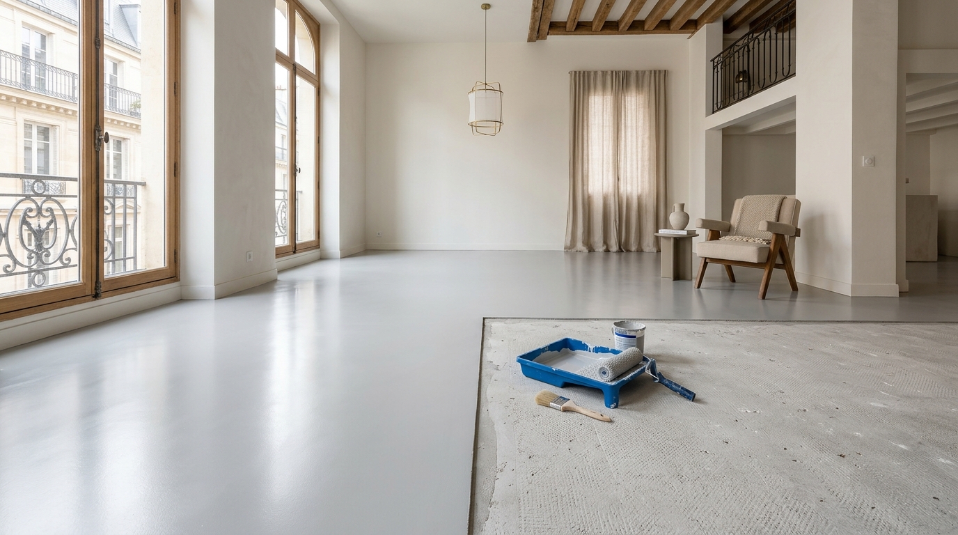 Sol intérieur en résine époxy gris clair satiné sur dalle béton préparée par ponçage diamanté en rénovation