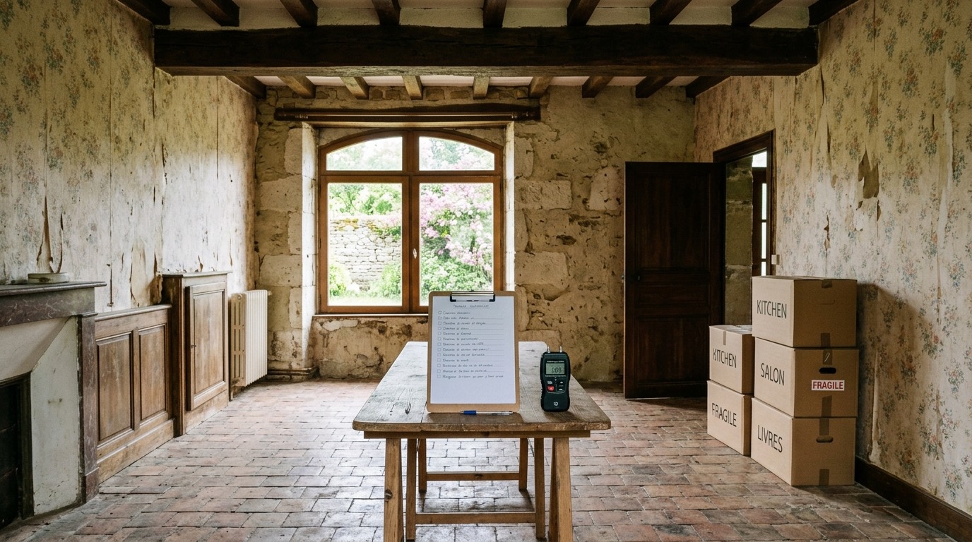 Maison ancienne en pierre en cours de rénovation avec poutres apparentes, testeur d'humidité et cartons de déménagement