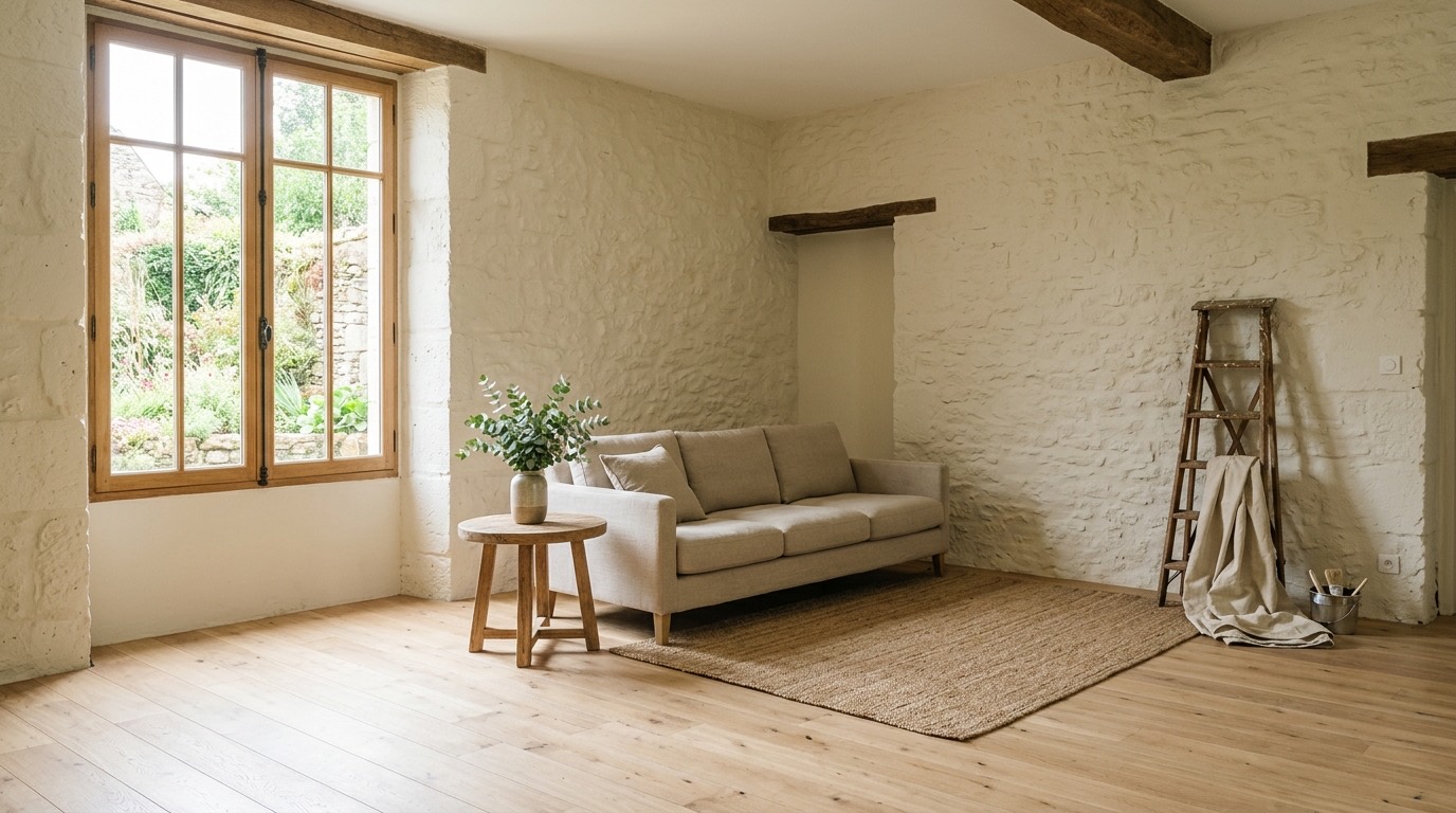 Salon lumineux rénové avec peinture blanche et parquet chêne clair dans une maison en Mayenne avant mise en vente