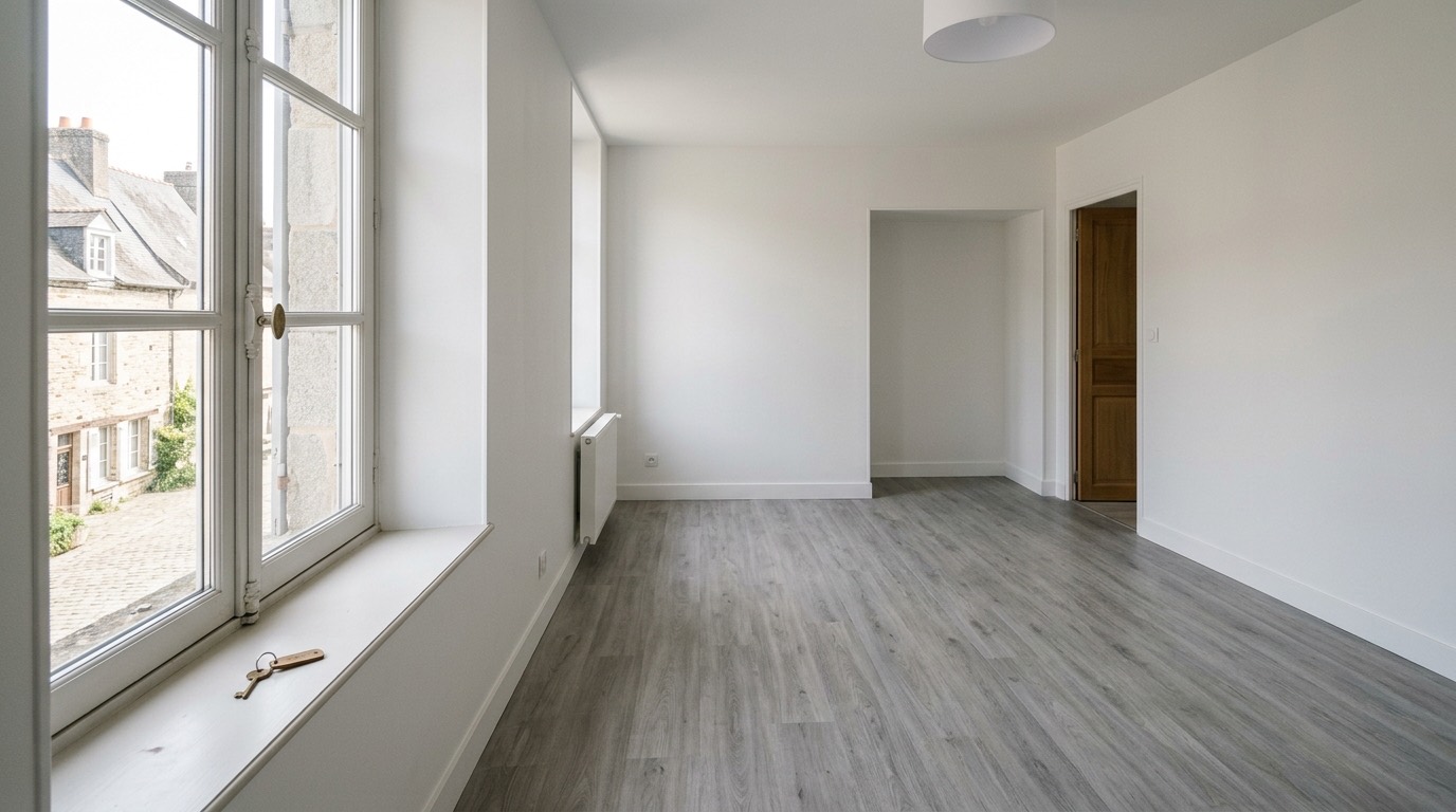 Appartement locatif entièrement rénové avec sol vinyle haute résistance, murs blancs impeccables et luminosité optimale