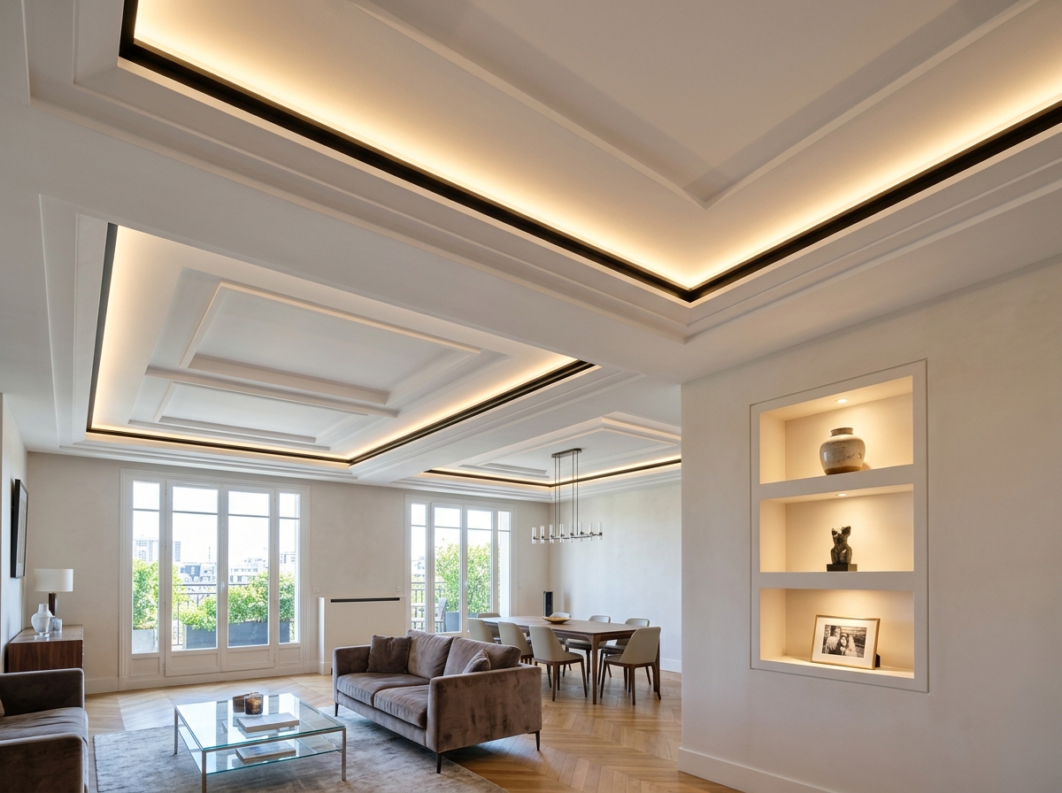 Isolation thermique de combles et faux-plafond suspendu avec spots intégrés à Laval