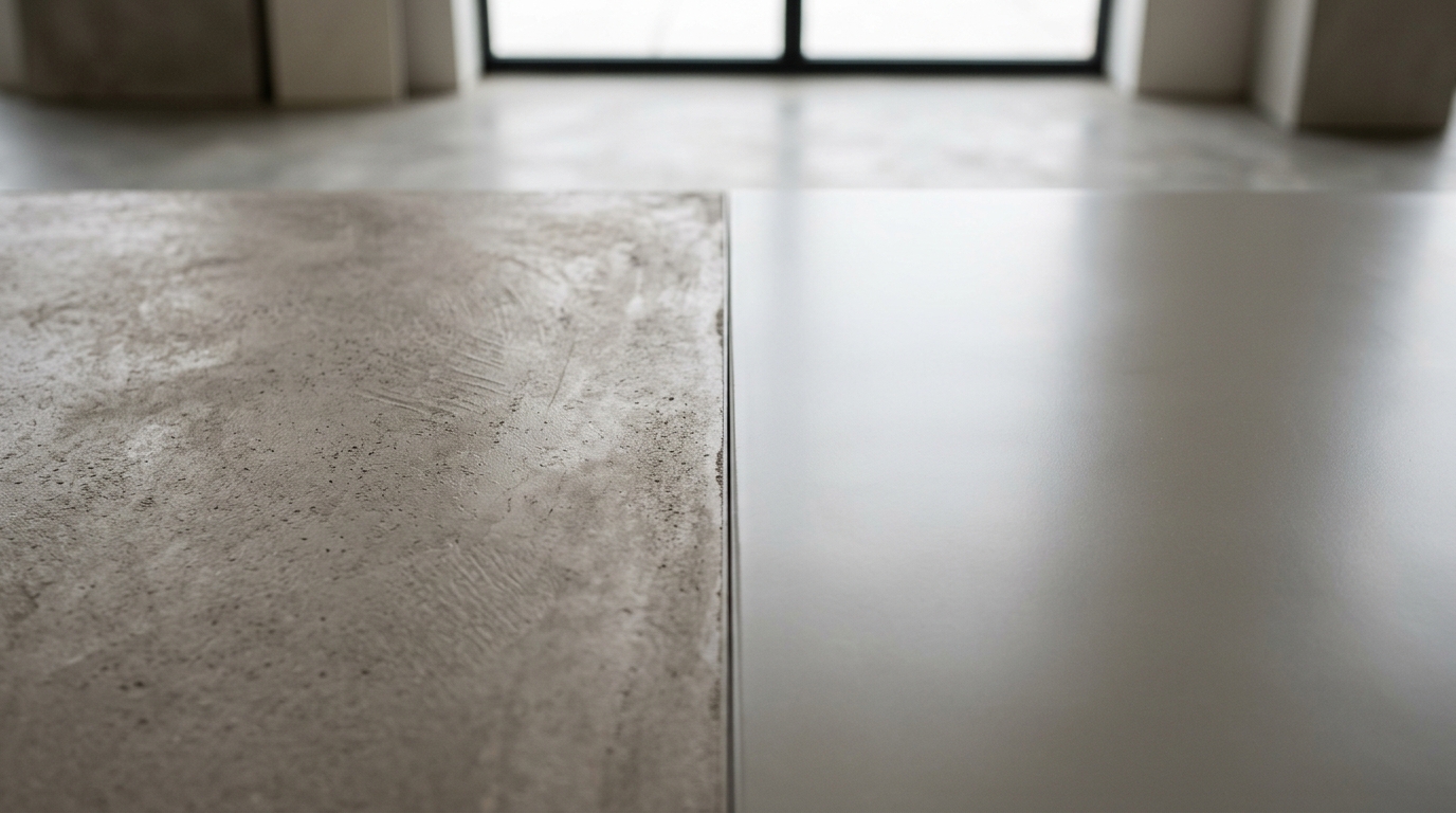 Comparaison côte à côte entre la texture minérale nuancée mate d'un béton ciré et la surface lisse satinée uniforme d'une résine époxy